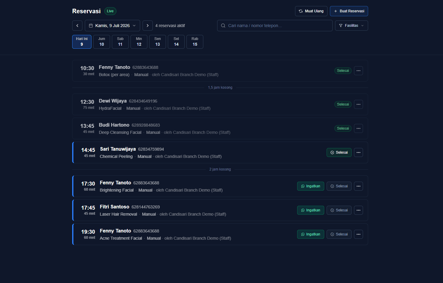 Dashboard reservasi Logibot menampilkan daftar booking, layanan, dan jam hari ini
